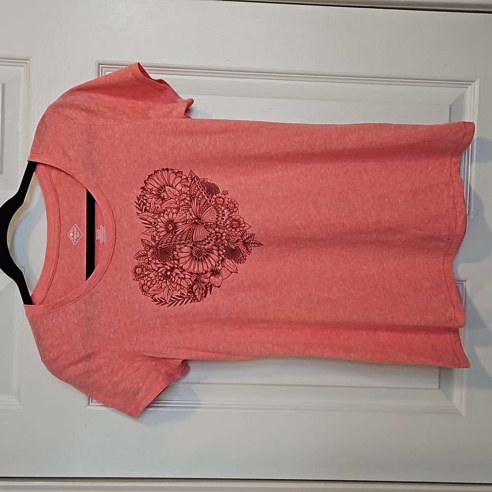 St. John's Bay, pink, floral, butterfly, heart, short-sleeve tee.  Size S